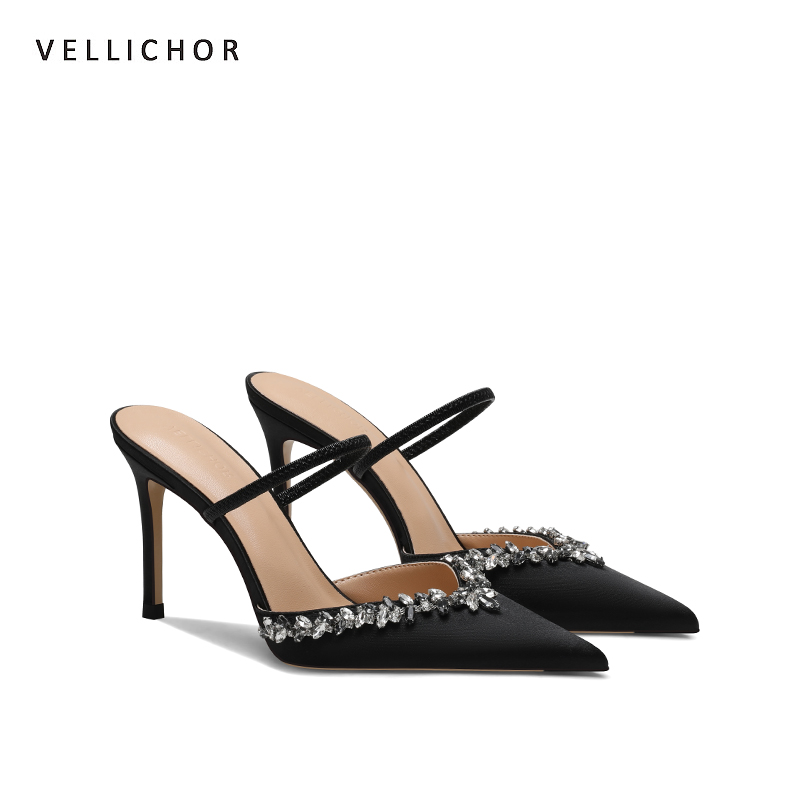 2024年夏季新款黑色尖头浅口高跟鞋细跟气质轻奢百搭外穿包头凉鞋