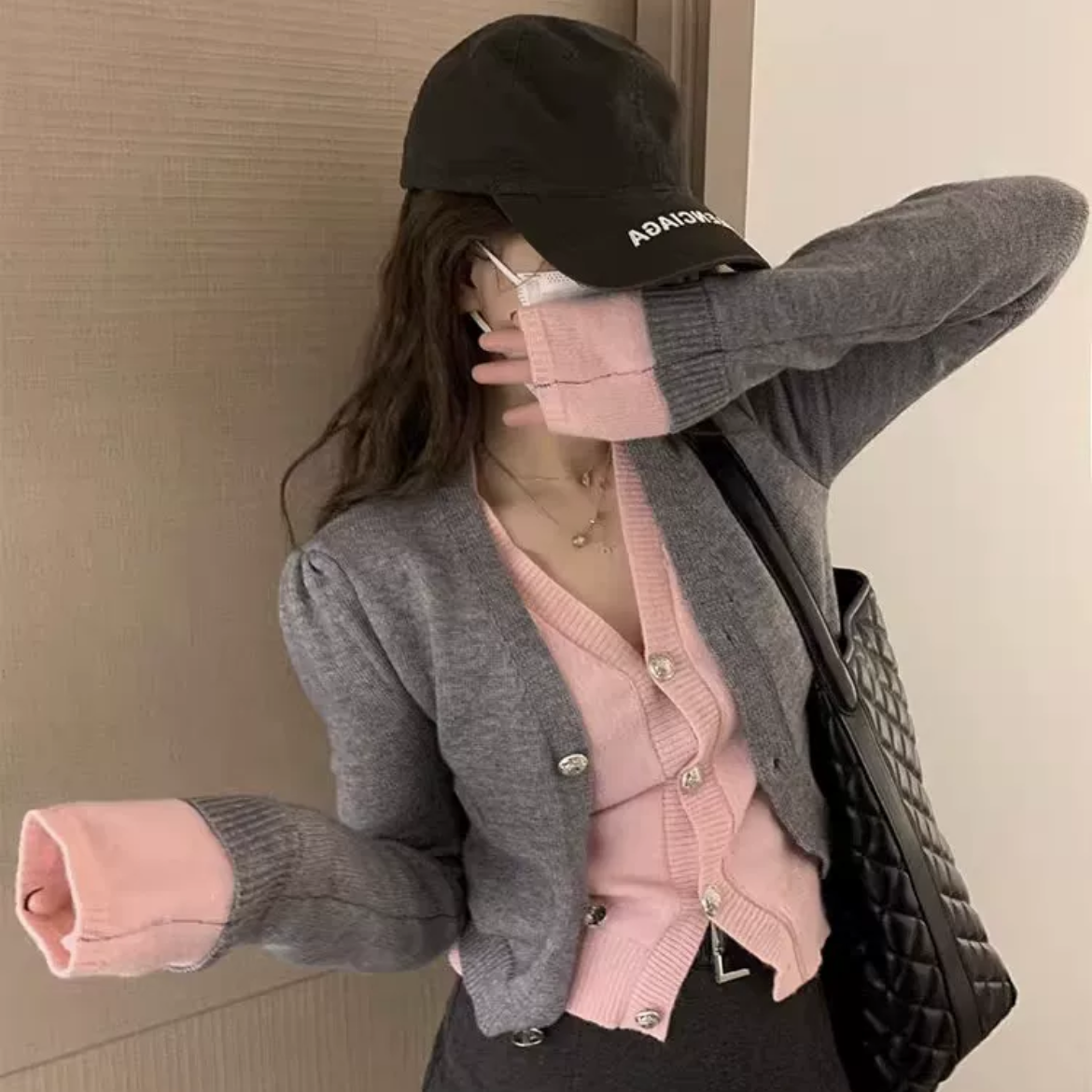 【JIE NA YANG】早春240029韩系假两件开衫V领修身设计百搭款