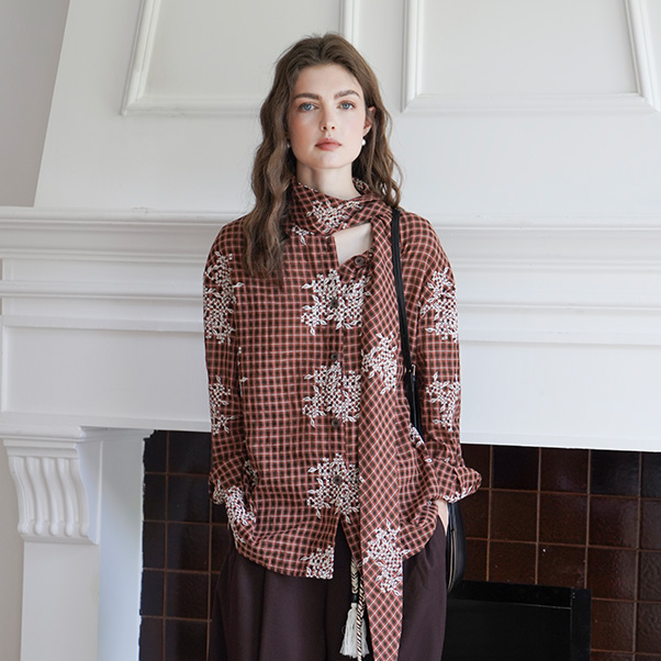 miora studio法式复古刺绣花朵衬衫 咖色气质飘带小众设计感上衣