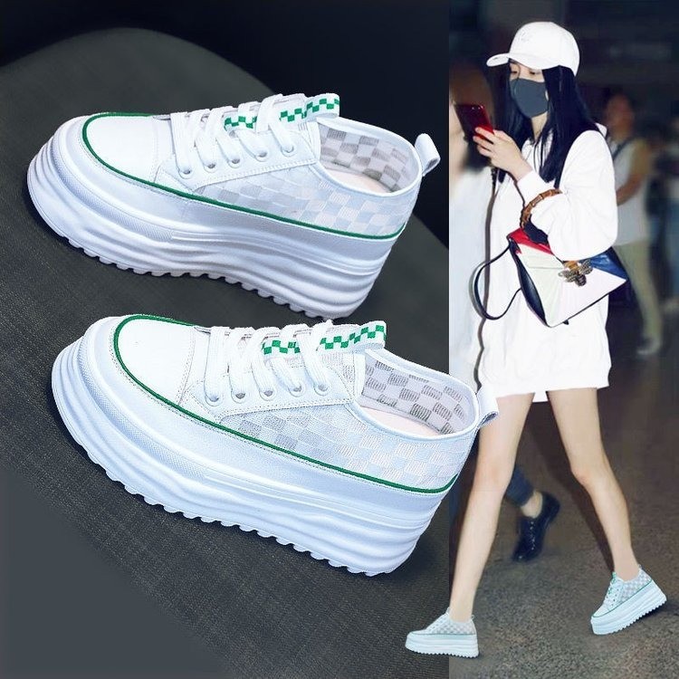 内增高小白鞋女2023新款夏季网面透气绿色松糕厚底小个子显瘦板鞋