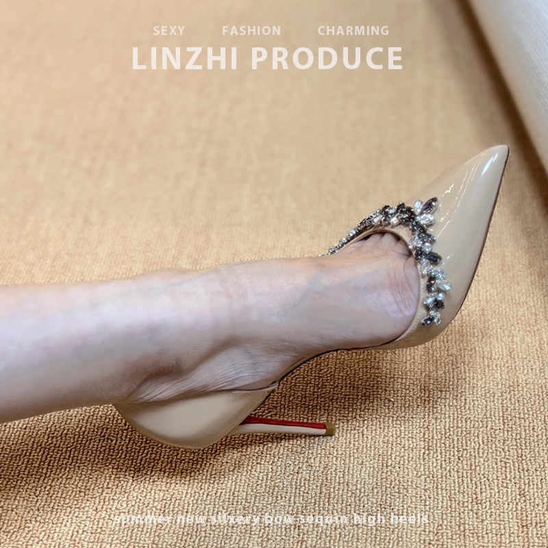2025年春季新款超纤皮革裸色水钻尖头高跟鞋细跟单鞋时尚气质女鞋