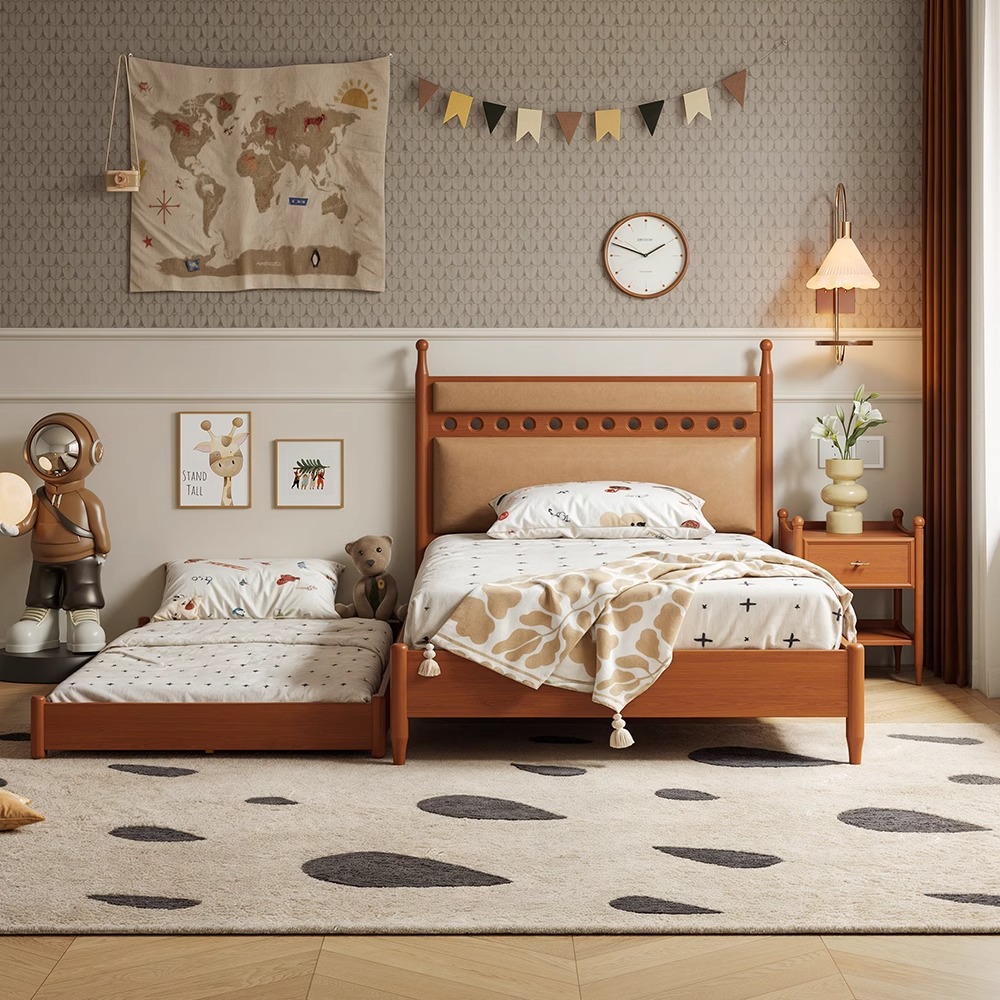 生野安室法式复古床橡木实木床主卧中古风家用双人落地软包子母床