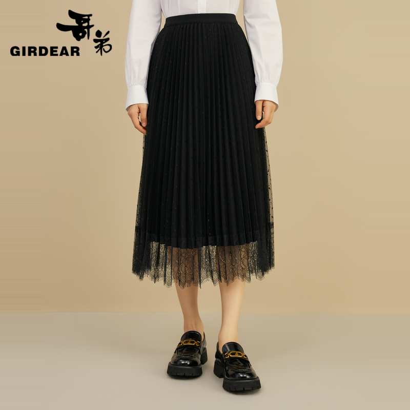 GIRDEAR/哥弟气质百搭高腰显瘦百褶蕾丝两面穿半身裙女1200226