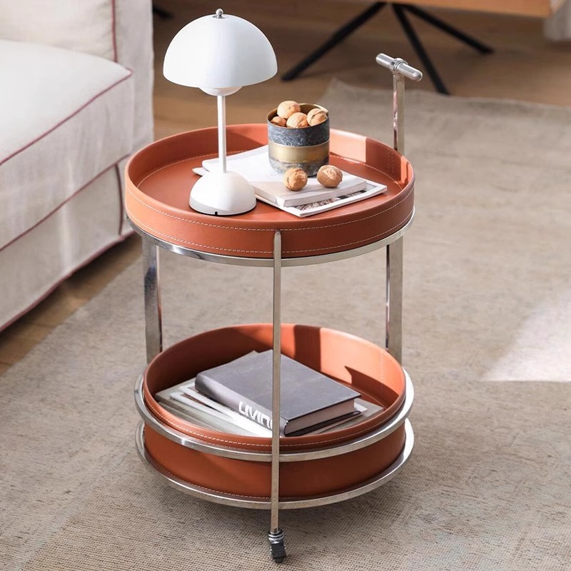 圆形小推车可移动茶几北欧双层不锈钢马鞍皮家用客厅卧室床头边几