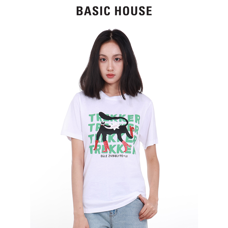 Basic House/百家好夏季休闲T恤女印花纯棉宽松短袖B0072B50072