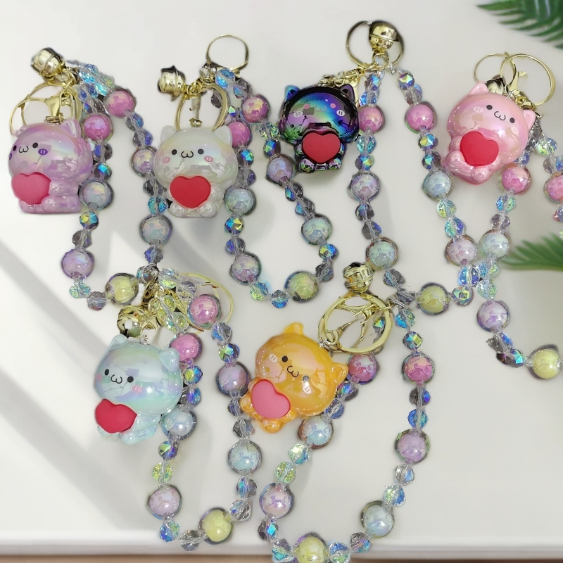 爱心小猫咪彩色爆闪珠链条  手机链  钥匙扣  包包挂件可爱手工