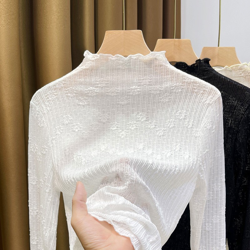 时尚百搭半高领薄款蕾丝内搭小衫女木耳边洋气白色网纱显瘦打底衫