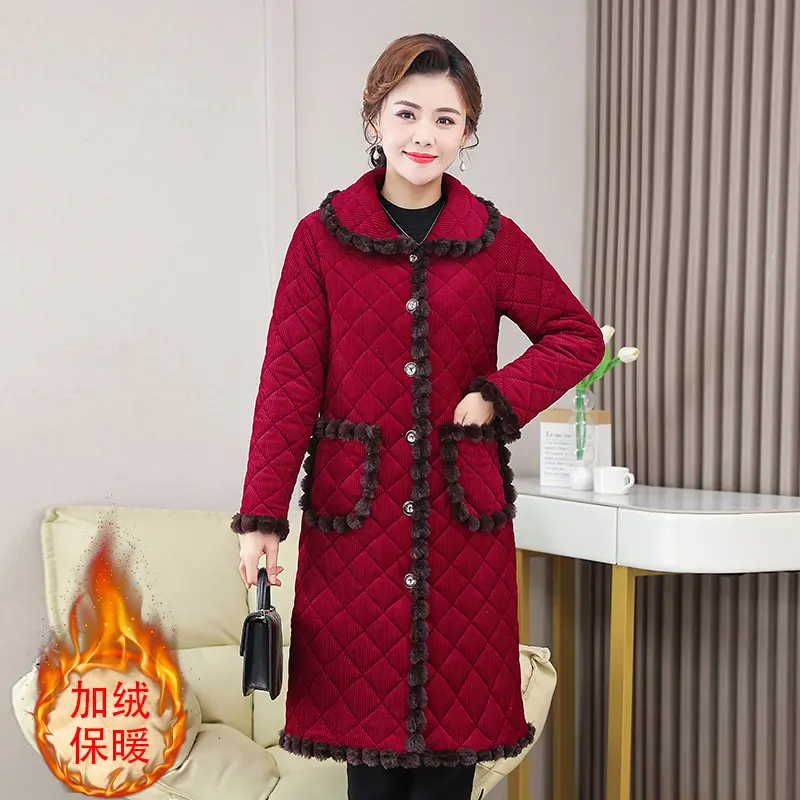 时尚舒适中长款妈妈装棉服加绒加棉冬季新款大码女长款棉衣
