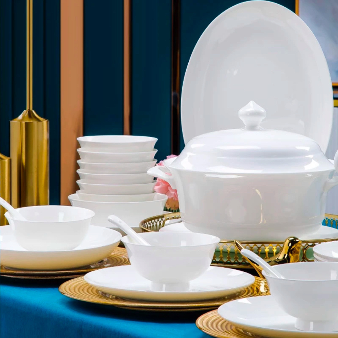 景德镇骨瓷碗碟餐具纯白家用套装高档白色碗盘子白瓷组合简约陶瓷