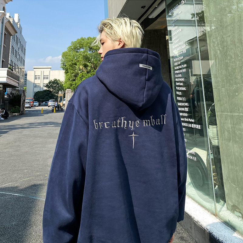 刺绣男士宽松卫衣男生春秋季新款潮牌重磅美式港风痞帅连帽上衣服