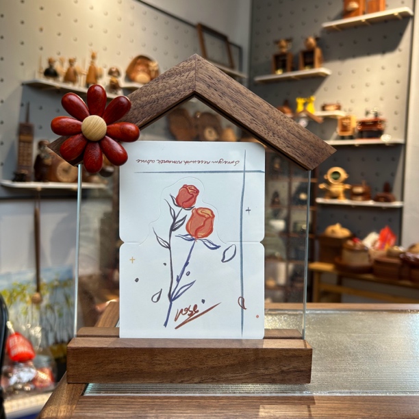 北美胡桃木画框创意礼物标本高档摆件架双面标牌底座（不含红花）