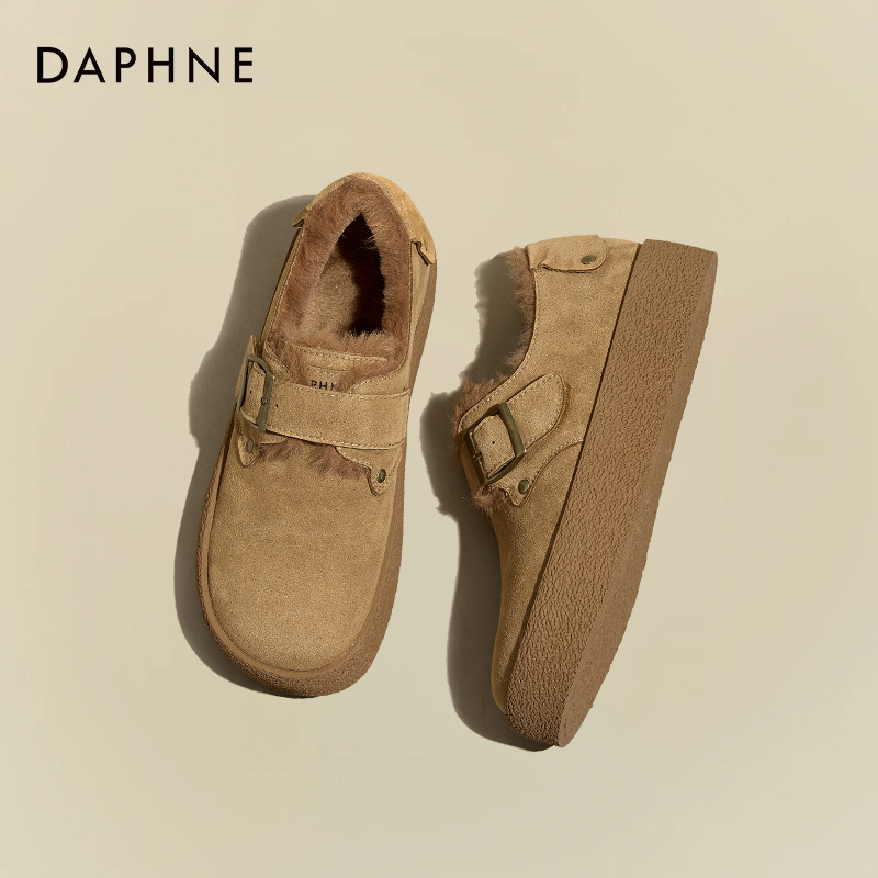 达芙妮加绒增高勃肯鞋女2024秋冬新款全包软底乐福鞋休闲舒适棉鞋