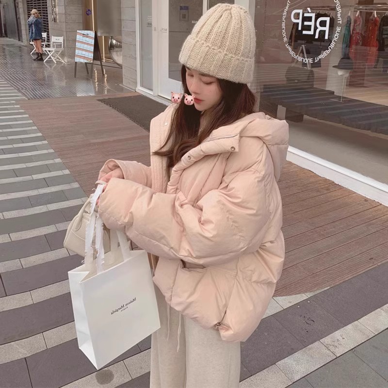 爆款2024新款冬季粉色短款连帽羽绒棉服女宽松面包服棉衣外套8214