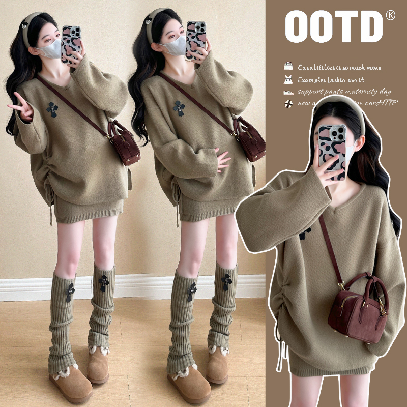 今年流行孕妇装秋冬季新款针织宽松毛衣冬季半身裙辣妈套装潮妈