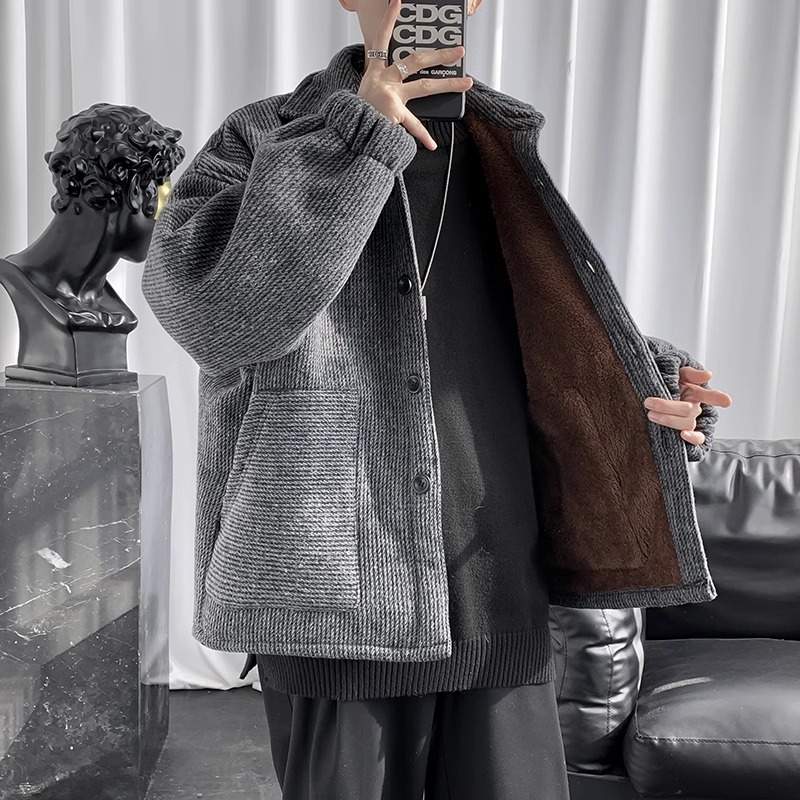 纯色灯芯绒棉衣外套男2023秋冬加绒加厚宽松ins休闲港风帅气棉服