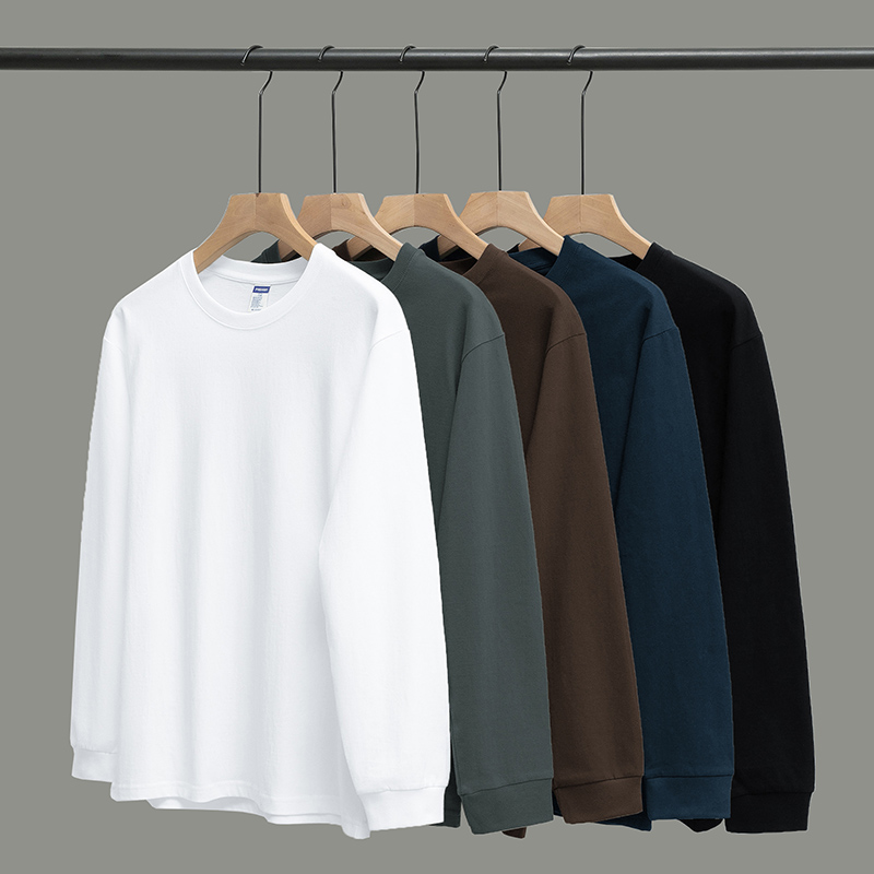 260g美式重磅纯棉长袖t恤男宽松内搭打底衫全棉纯色白色秋衣小衫