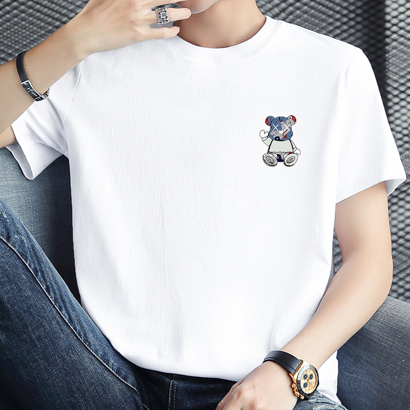 白色t恤男短袖纯棉圆领上衣服潮流宽松夏季半袖小熊印花全棉体恤