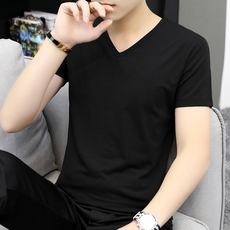 莫代尔纤维冰丝光棉短袖t恤男潮流V领纯色黑色冰感速干半袖打底衫
