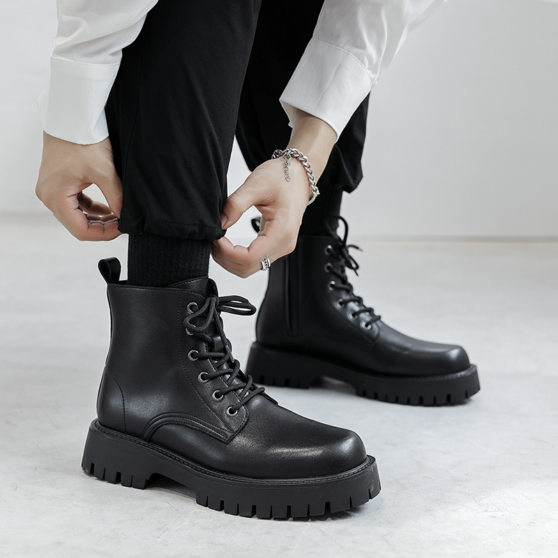 96116马丁靴男款冬季加绒英伦风中帮工装皮靴子韩版机车靴潮男靴