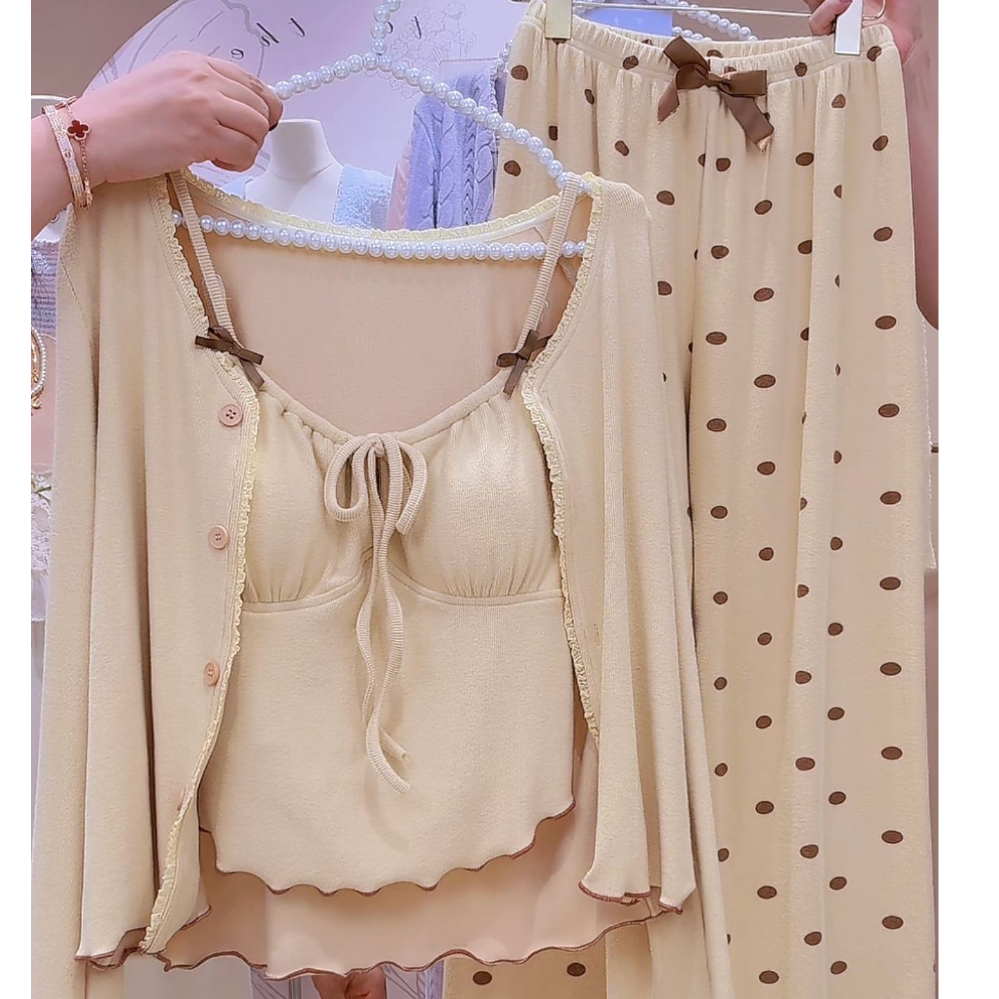 『轻纱挽月』韩系纯欲风波点裤高定女士睡衣三件套家居服