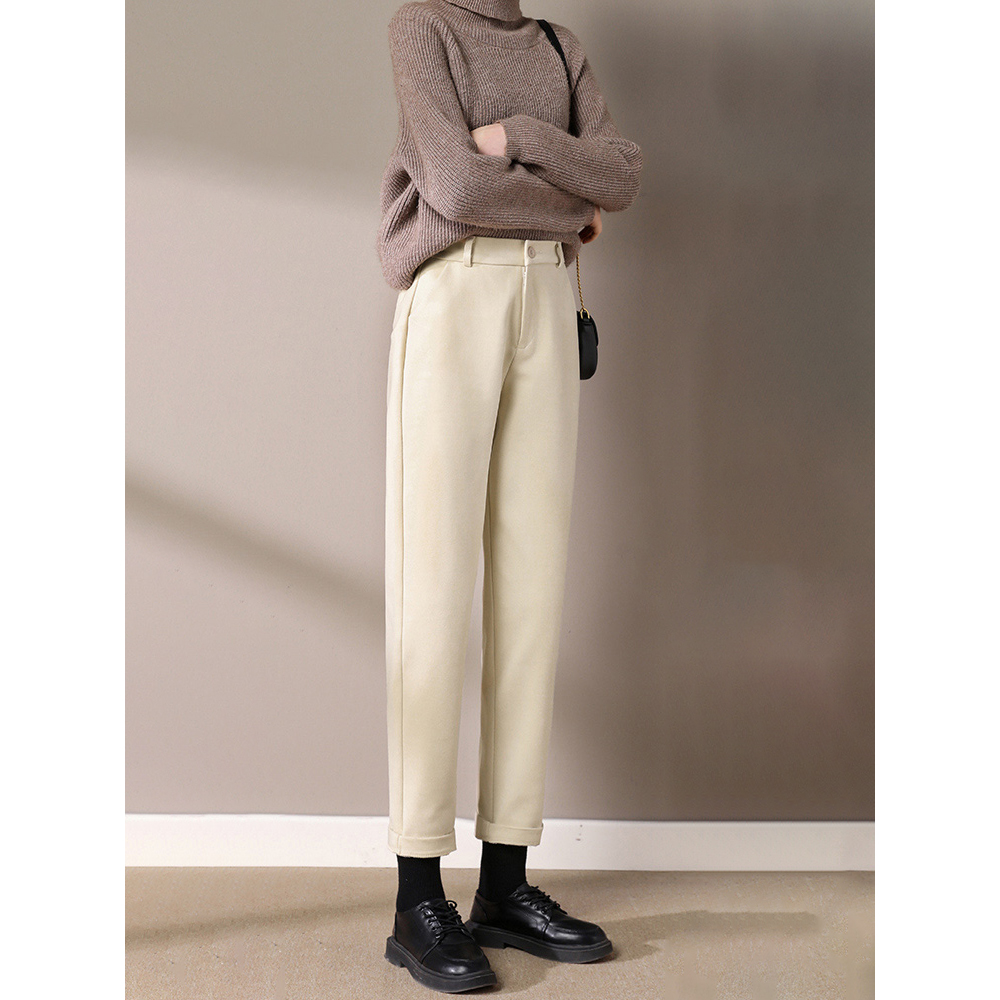 加绒毛呢裤子女秋冬2023年新款加厚高腰直筒烟管裤宽松萝卜哈伦裤