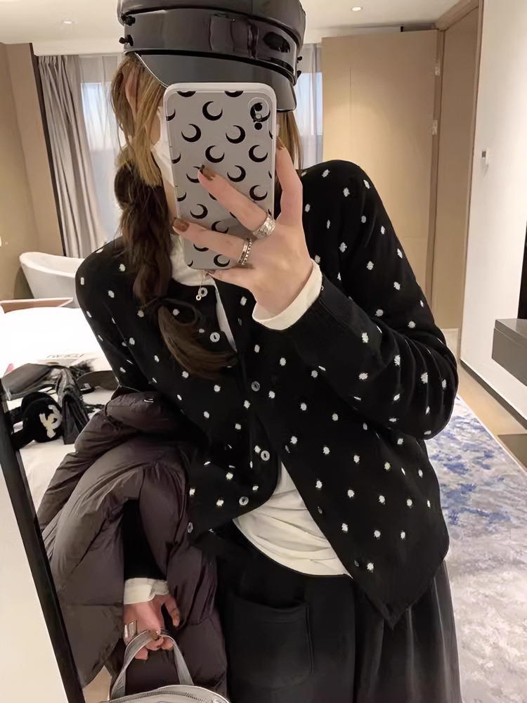黑色波点针织开衫外套女百搭秋季chic韩系穿搭叠穿显瘦短款上衣