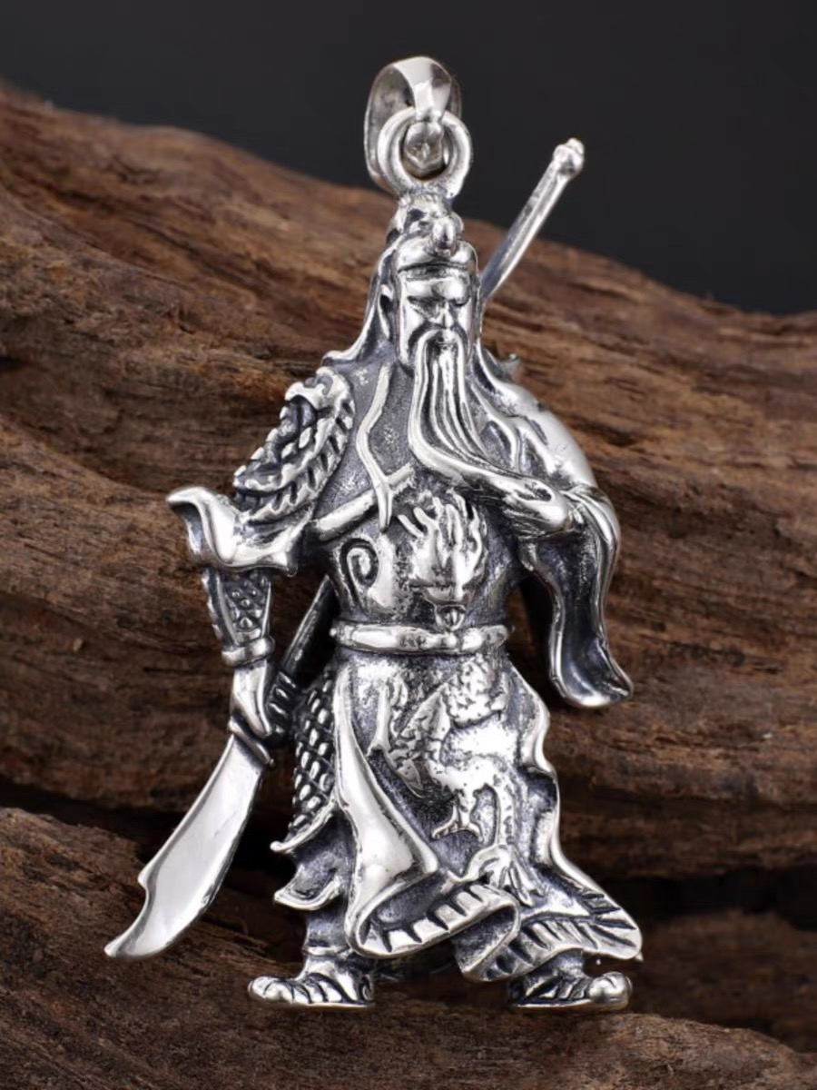 吊坠足银 足银990关二爷关公吊坠实心做旧复古立体纯银吊坠