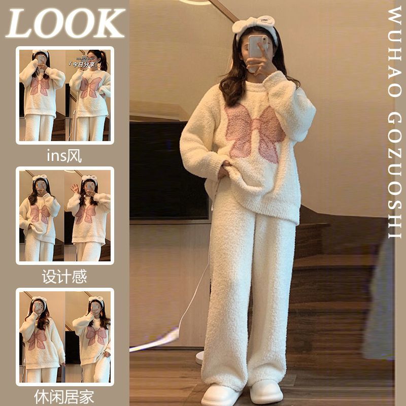 秋冬新款韩版甜美蝴蝶结珊瑚绒睡衣女冬季加厚保暖2023新款可2023