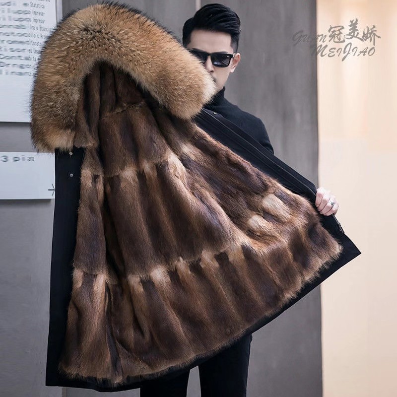 派克服男貂毛内胆可拆卸中长款皮毛一体冬季新款皮草男真貂皮加厚