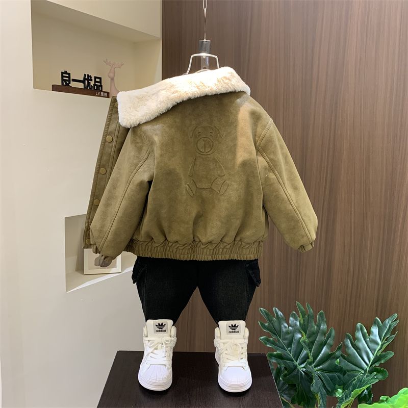 男童皮衣加绒外套2023新款酷帅儿童加厚夹克潮宝宝秋冬装棉袄衣服