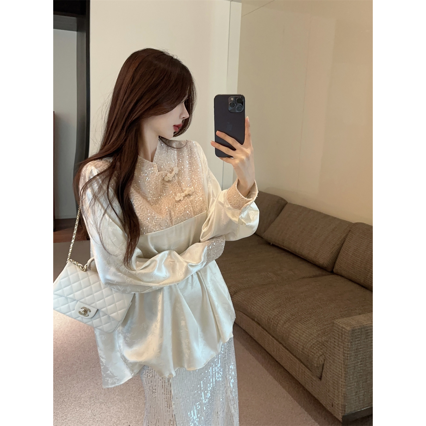 新中式国风高级质感盘扣拼接亮片中长款衬衫春秋女春季时尚设计感