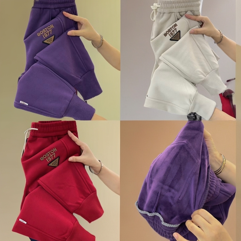 2366加绒红色裤子秋冬宽松显瘦运动裤高腰新款哈伦加厚卫裤休闲裤