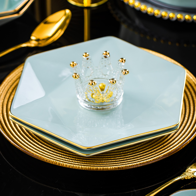 影青/白色8英寸六角平盘6个装景德镇家用陶瓷盘子餐具餐盘菜盘