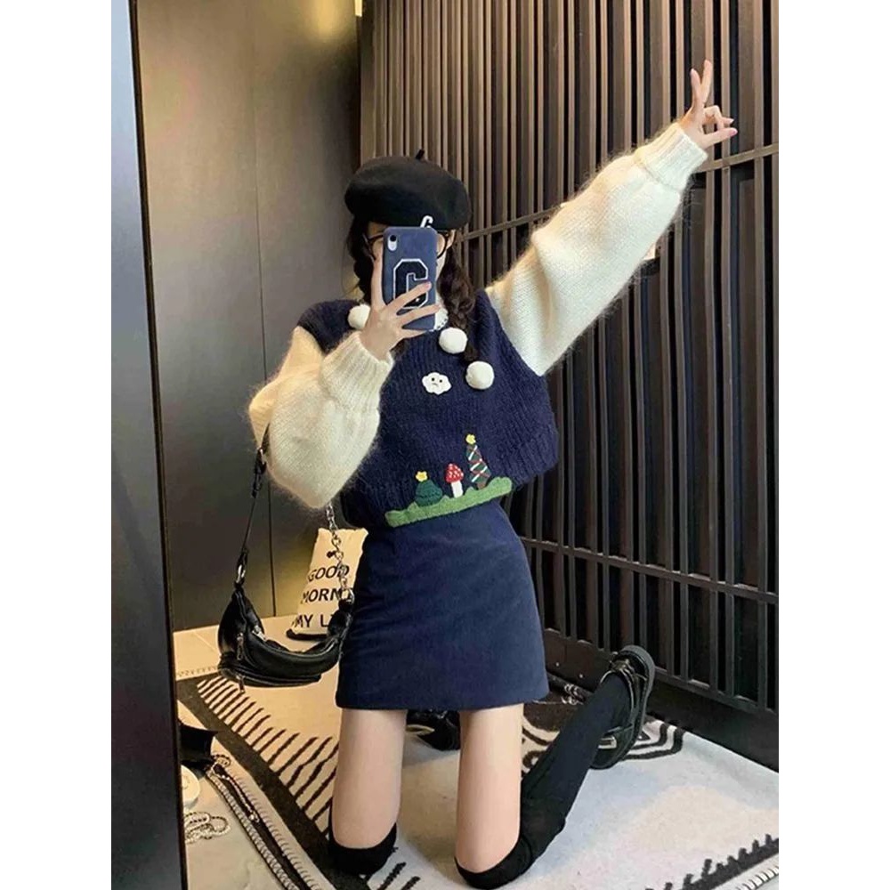 炸街时尚港风轻奢高级感复古小香风蓝色毛衣半身裙秋季款两件套装