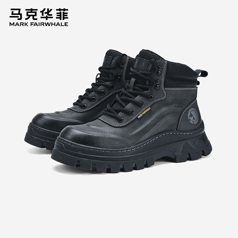 马克华菲秋冬爆款马丁靴男款英伦风厚底高帮百搭男士增高工装潮鞋
