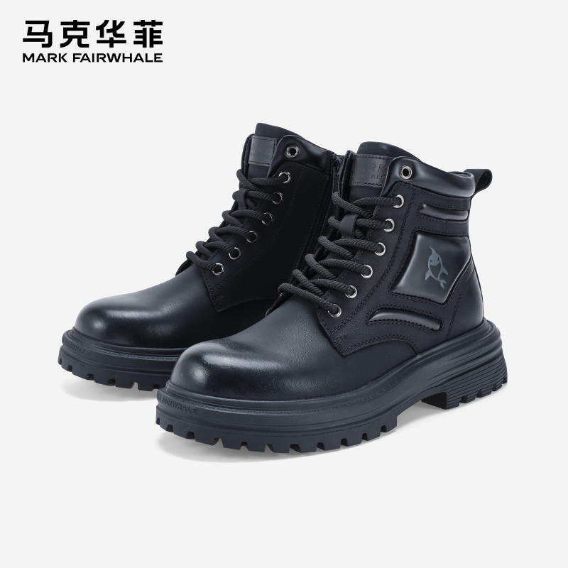 马克华菲户外登山男鞋复古百搭工装靴厚底高帮休闲潮鞋黑色马丁靴