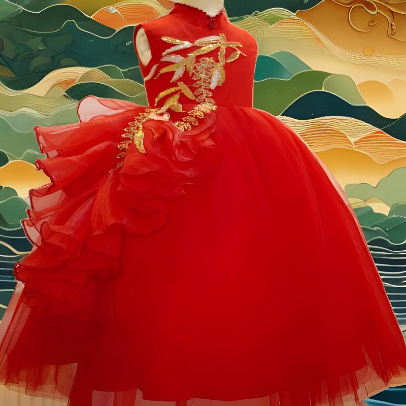 「红之恋歌」国风礼服红色女童公主裙中式儿童节主持生日演出蓬夏季
