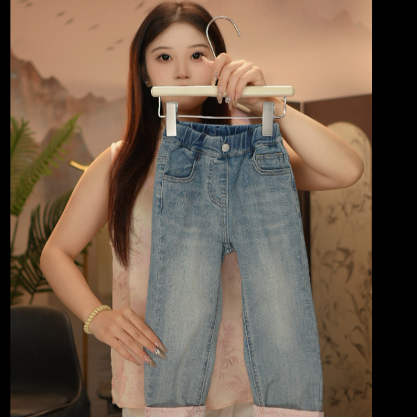 牛仔裤新中式儿童碎花小腿裤春秋新款中国风女童日常百搭牛仔裤