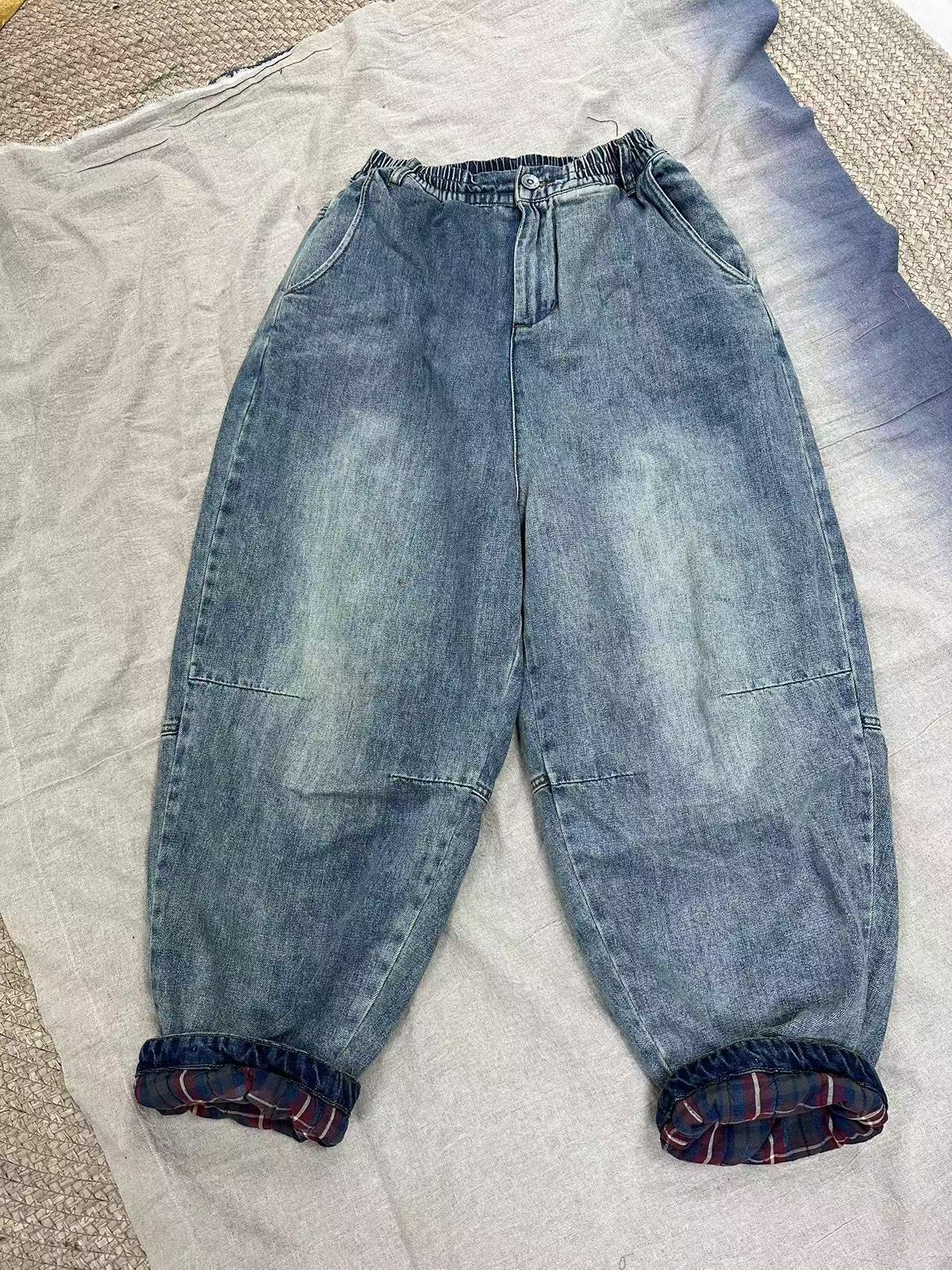 棉叙加绒百搭时尚复古韩版印花春秋布衣分享原创宽松休闲牛仔棉裤