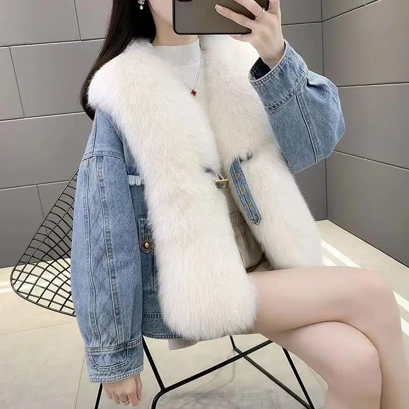 波司澄羽绒服2023冬新款大毛领羽绒牛仔外套派克服仿狐狸毛高端洋