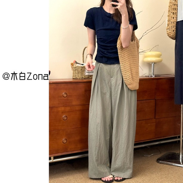 【木白Zona】 柏林蓝 .韩风ins简约气质设计感高弹短袖T恤 