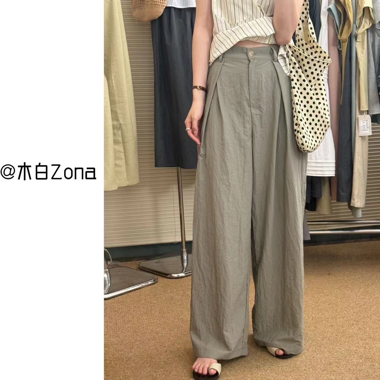 【木白Zona】 薄暑灰.韩风ins夏季新款小众后半松紧腰头宽松阔腿裤