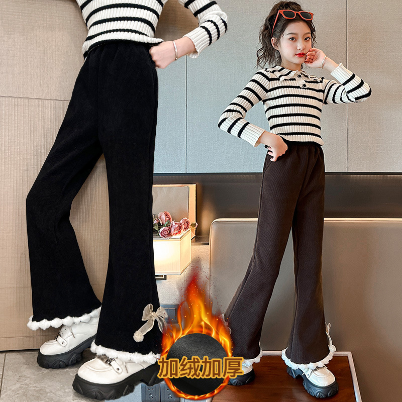 女童裤子秋冬款2023新款儿童加绒加厚一体绒喇叭裤冬季休闲微喇裤