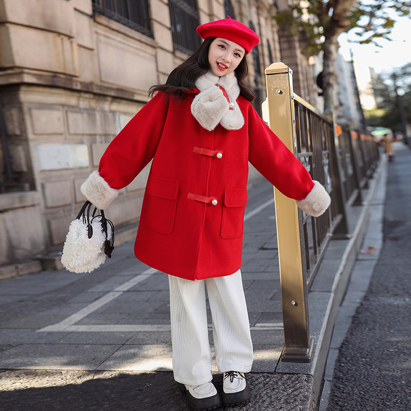 女童呢子大衣秋冬装2023新款洋气中长款时髦红色女孩加厚毛呢外套