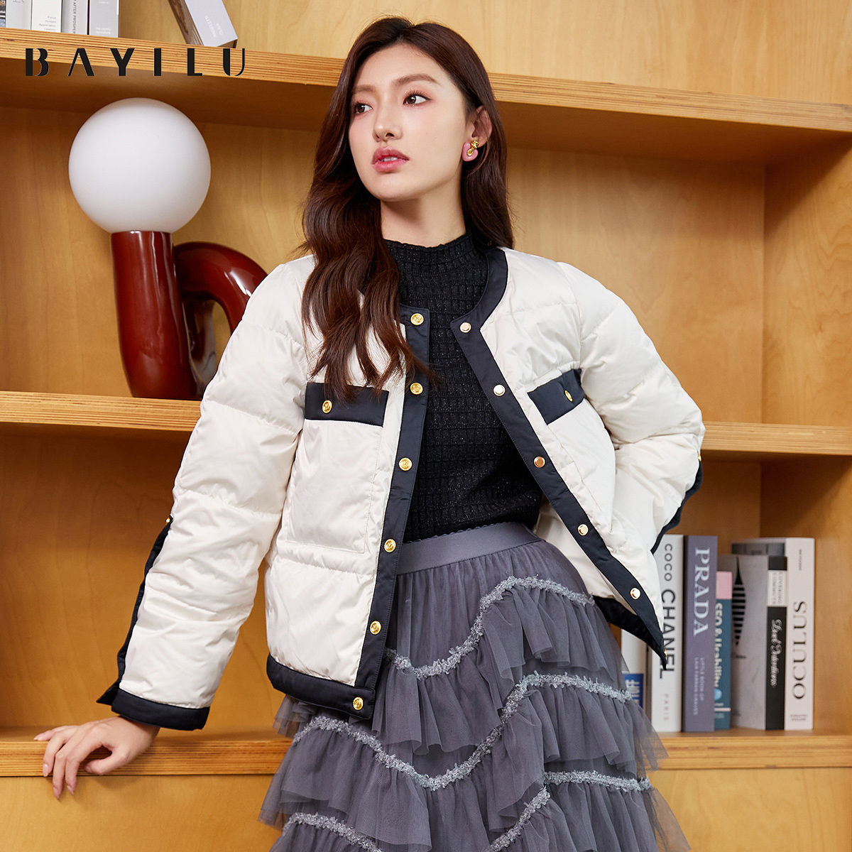 【毛毛专属】黑白撞色宽松感香风宽边撞色羽绒服88Y6591