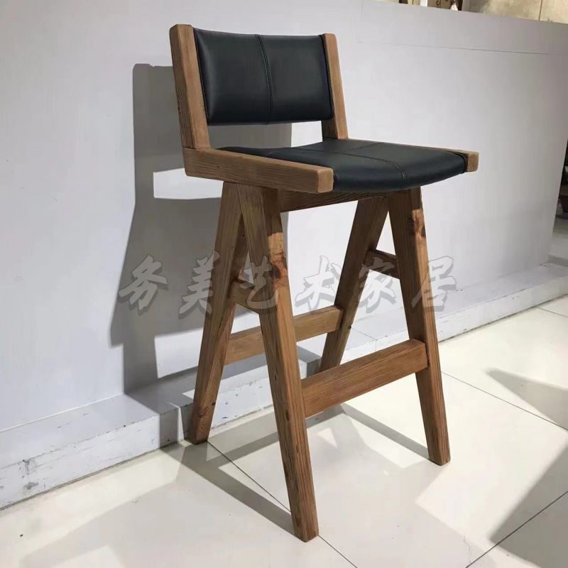 【务美艺术】日式简约实木家用皮艺高脚K字吧凳酒吧吧椅（05963）