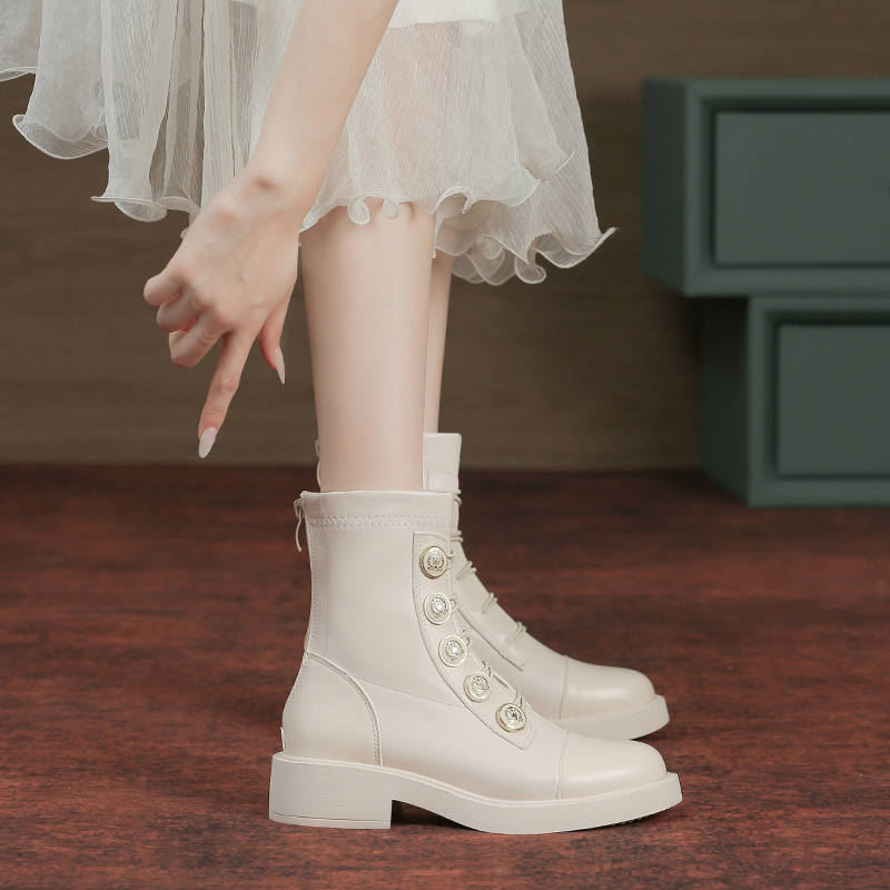 内增高短靴女2025秋冬新款时尚厚底粗跟真皮马丁靴纽扣弹力瘦瘦靴