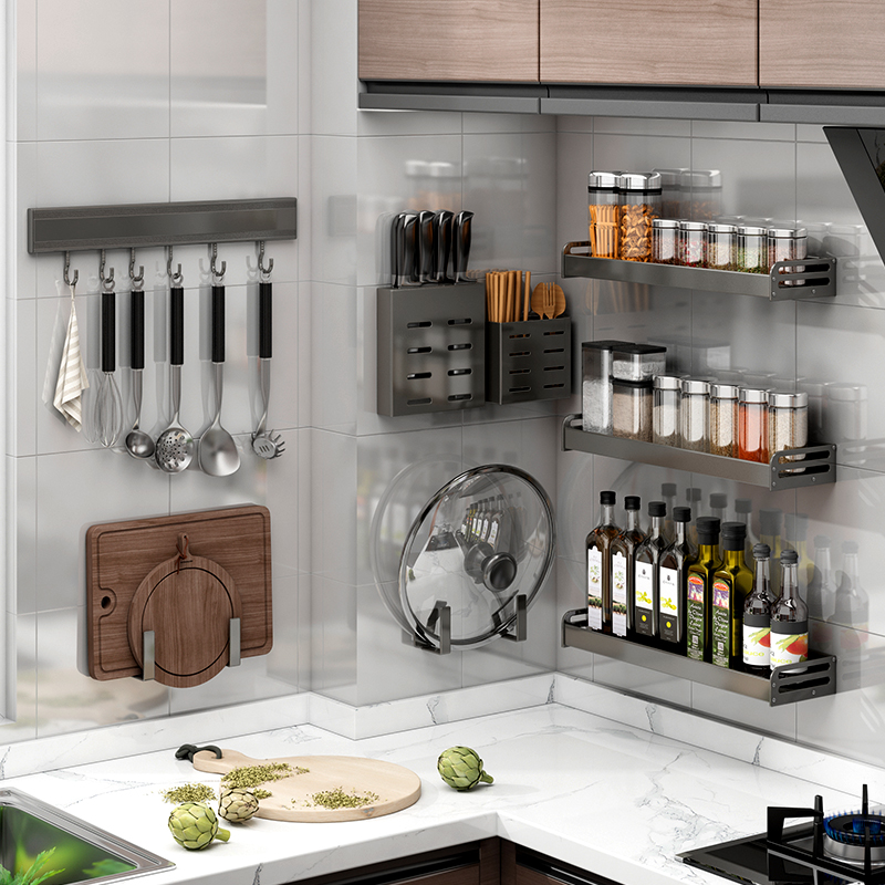 厨房置物架壁挂式免打孔枪灰调味料用品大全刀架挂架多功能收纳架