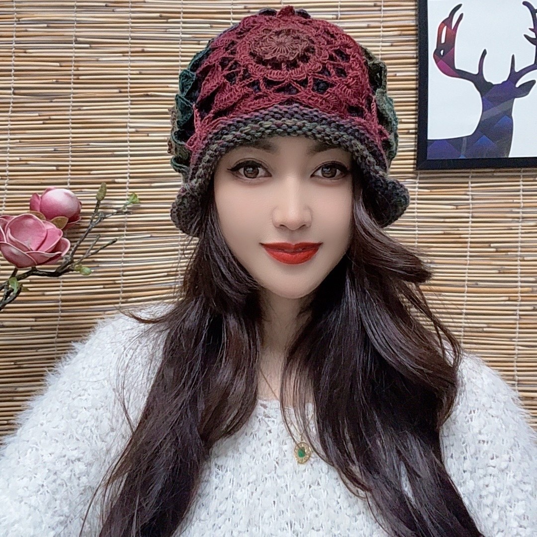 新款卷边双层【太阳花芯】护耳帽同色系手工钩花针织帽