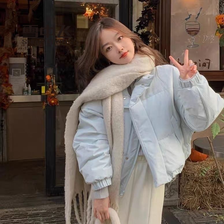 雪中飞绒服蓝色立领短款羽服女冬2023新款宽松小个子面包服加厚